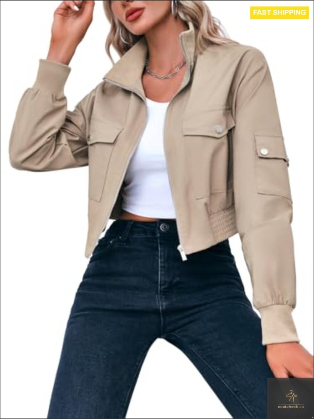 Cropped Bomber Jacket Lightweight Zip Up Stand Collar Casual Streetwear Chic - Picture 3 of 7